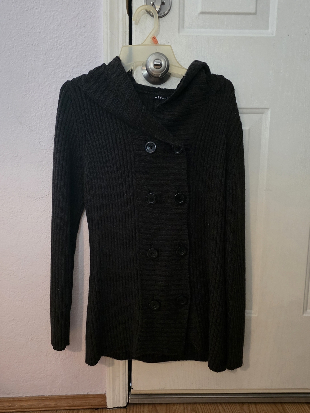 NWOT- Effeci Small Black Double-Breasted Hooded Ribbed Sweater